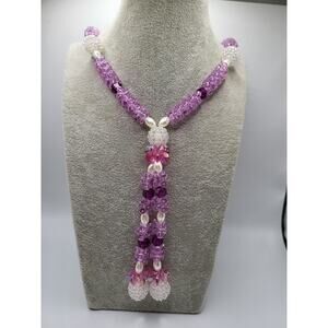 Vintage Lavender Bead Necklace Tassel Faux Pearl Glass Statement